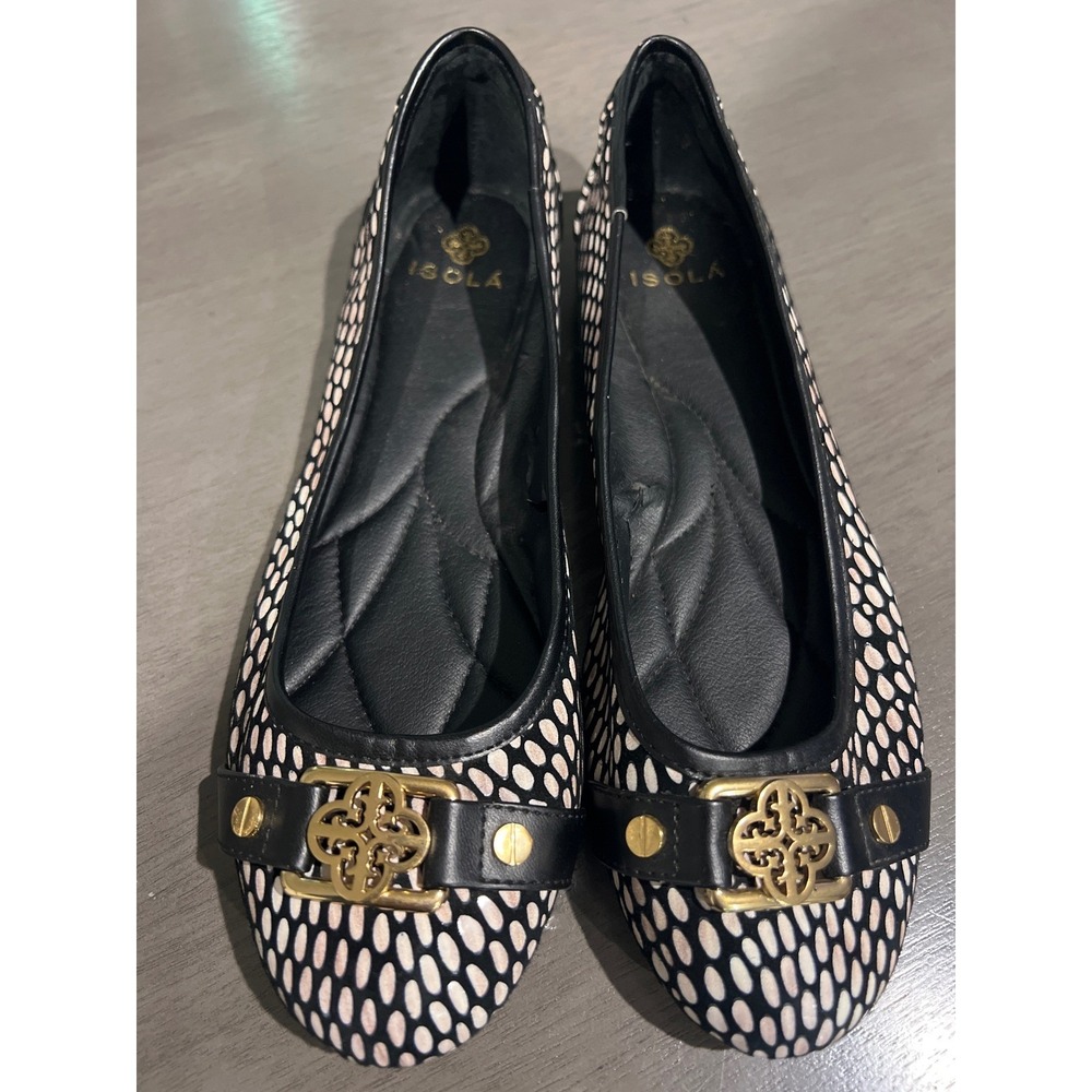 FLAW Isola Women's Black Tan Dotted Ballet Flats‎ Gold Logo Buckle Shoes Size 8
